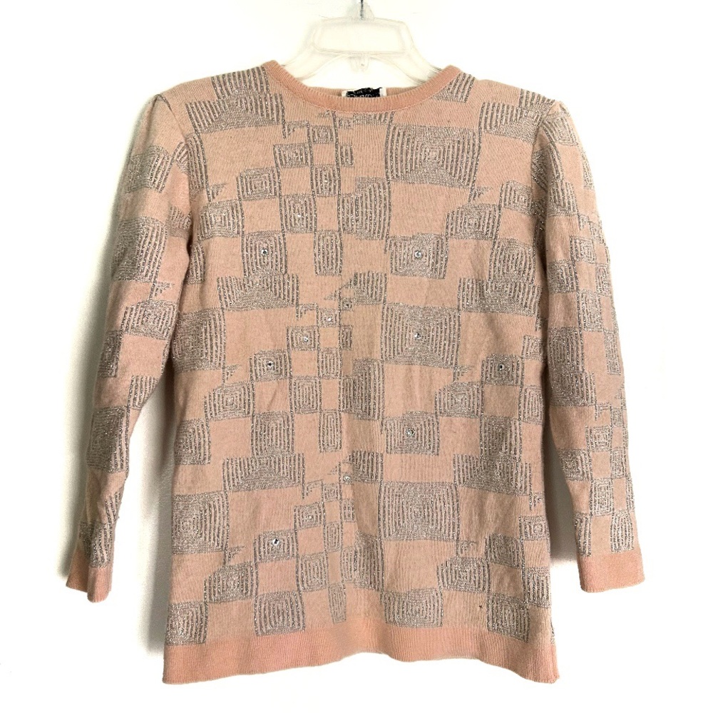 Vintage 1980s Baroni Italy Wool Angora Sweater Pink Silver Design Rhinestones